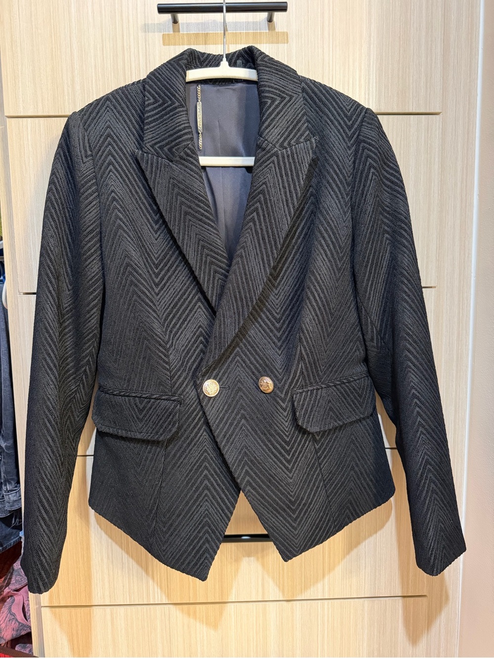 Marciano Black Chevron Double-Breasted Blazer with Gold Buttons